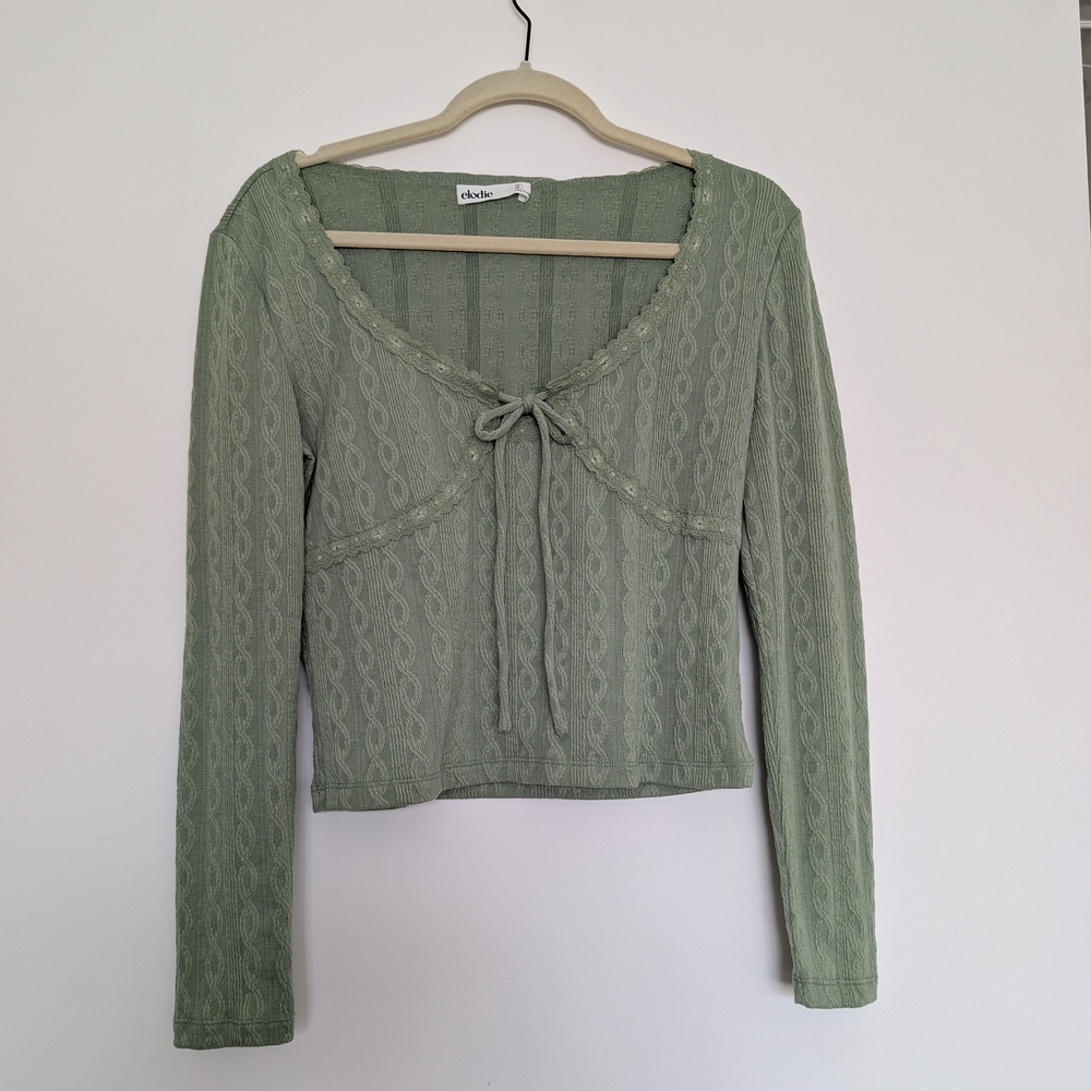 Elodie Sage Green Tie-Front Soft Cable Knit Top